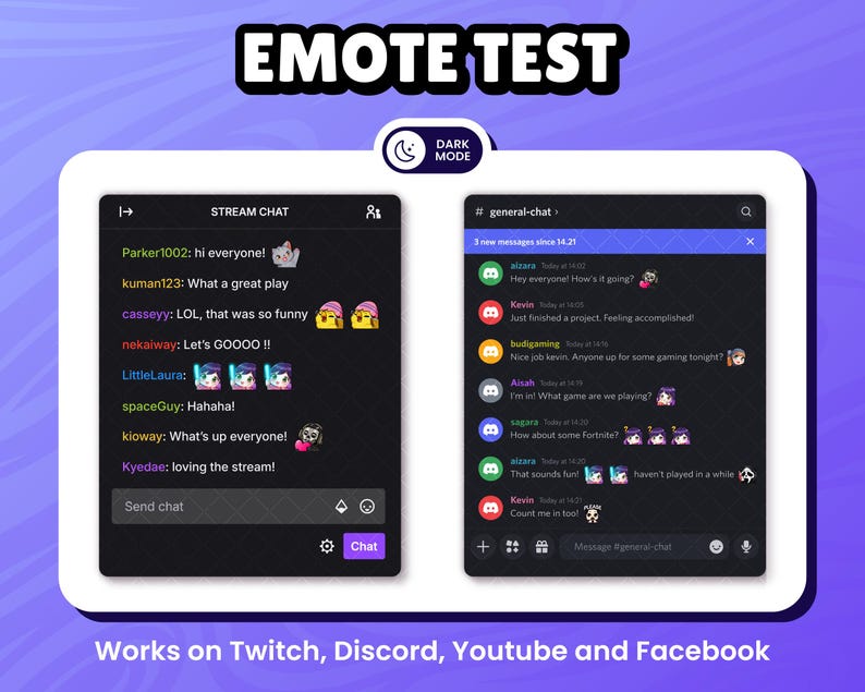 Emotes test shown in use on dark mode stream chat and Discord general chat. Perfect for Twitch, Discord, YouTube, and Facebook. Features expressive chibi-style emotes enhancing communication and engagement for streamers and their audiences.