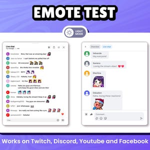 Emotes test shown in use on light mode stream chat and Discord general chat. Perfect for Twitch, Discord, YouTube, and Facebook. Features expressive chibi-style emotes enhancing communication and engagement for streamers and their audiences.