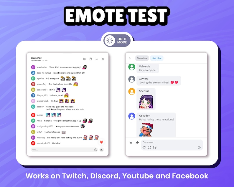 Emotes test shown in use on light mode stream chat and Discord general chat. Perfect for Twitch, Discord, YouTube, and Facebook. Features expressive chibi-style emotes enhancing communication and engagement for streamers and their audiences.
