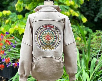 Mayan Kalender Damen Gesticktes Trichterhals-Sweatshirt mit halbem Reißverschluss