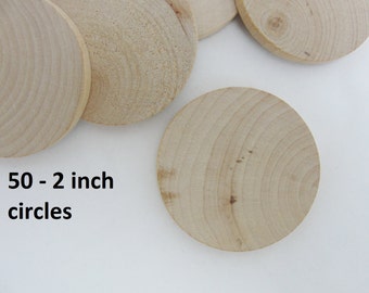 50 Wood Circles, 2 inch wood discs, wooden disk 2"  wood 1/4" thick unfinished DIY