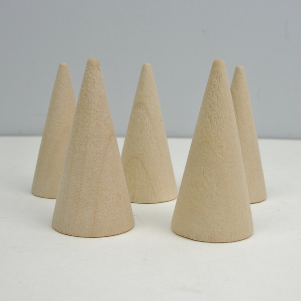 5 Wooden cones 2" tall unfinished DIY