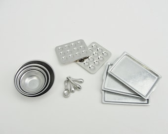 Dollhouse miniature bakeware choose mixing bowl, muffin tins, measuring spoons, or cookie sheets