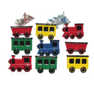May include: A set of nine colorful metal train car buttons. The buttons feature a red caboose, a yellow passenger car, a green passenger car, a blue engine, and a red boxcar. The buttons are perfect for adding a whimsical touch to crafts and projects.