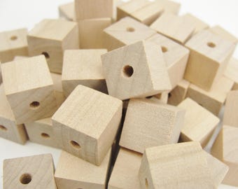 Wooden cube beads, square bead, 1/2" with a 1/8" hole