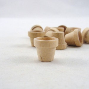 May include: A group of small, unfinished wooden flower pots. The pots are approximately 1 inch in diameter and 1 inch in height. They are perfect for small plants or succulents.