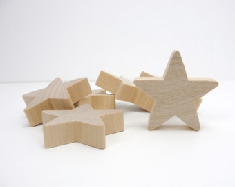 6 Wooden 2 inch stars, Traditional 2" x 1/2" star wood chunky unfinished DIY