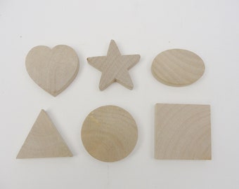 Chunky wood shapes 2” x 1/2” heart, star, oval, triangle, circle, and square