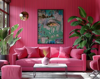 May include: A vibrant living room with a pink sofa, ottoman, and accent chair. A large artwork with a woman's eye and graffiti hangs above the sofa. A gold pendant light and potted plants add to the decor.