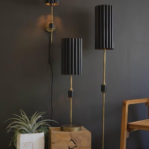 Antique Gold Floor Lamp with Black Fluted Metal Shade