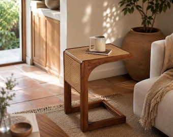 Wood Cane Sofa Table | Narrow Boho Console Table Behind Couch