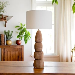 Carved Wood Table Lamp with Natural Shade – Rustic Modern Lighting