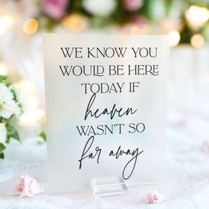 We weten dat je hier vandaag zou zijn als de hemel niet zo ver weg was Memorial Helder glas Look acryl bruiloft bord, die voor altijd in harten