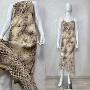 Vintage asymmetrical strappy leopard print midi dress, size L, made in Italy