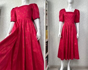 Vestido midi vintage de algodón con estampado floral rosa de Laura Ashley, años 80, talla 12 (Reino Unido) – Vestido de fiesta romántico con mangas abullonadas y estilo cottagecore