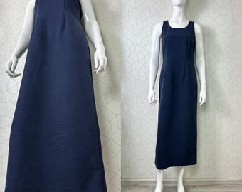 Vintage Laura Ashley Navy Maxi Dress, Fitted Sleeves, Size 10
