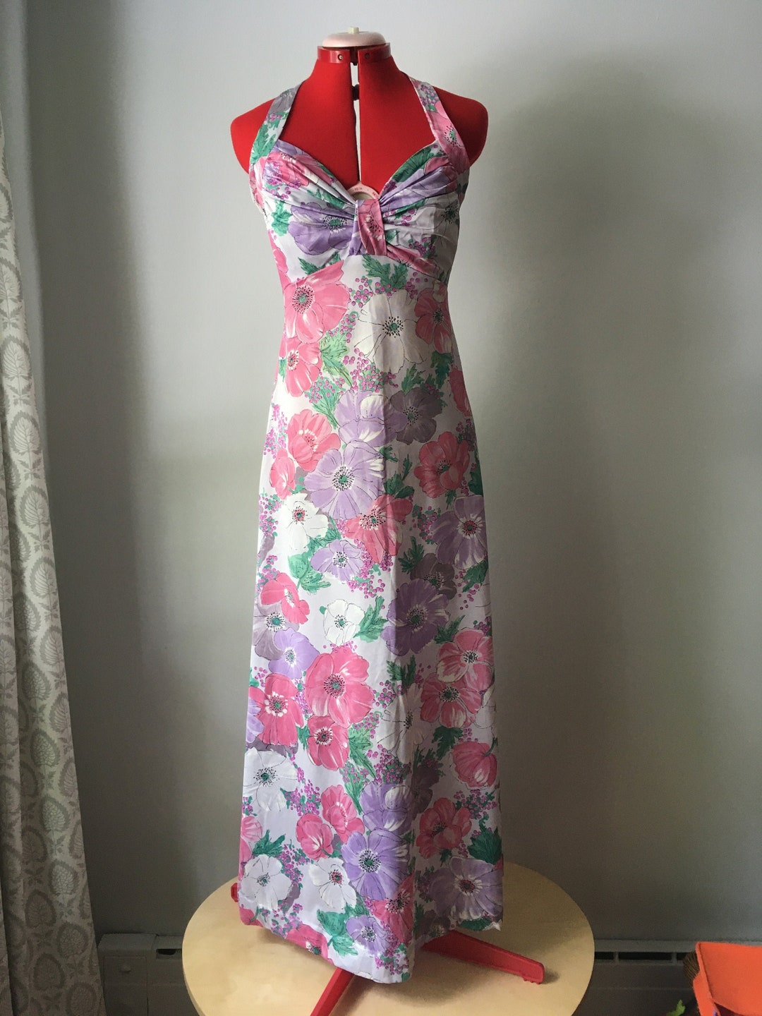 70s Vintage Pastel Floral Maxi Dress, Halter Top, Size S Etsy