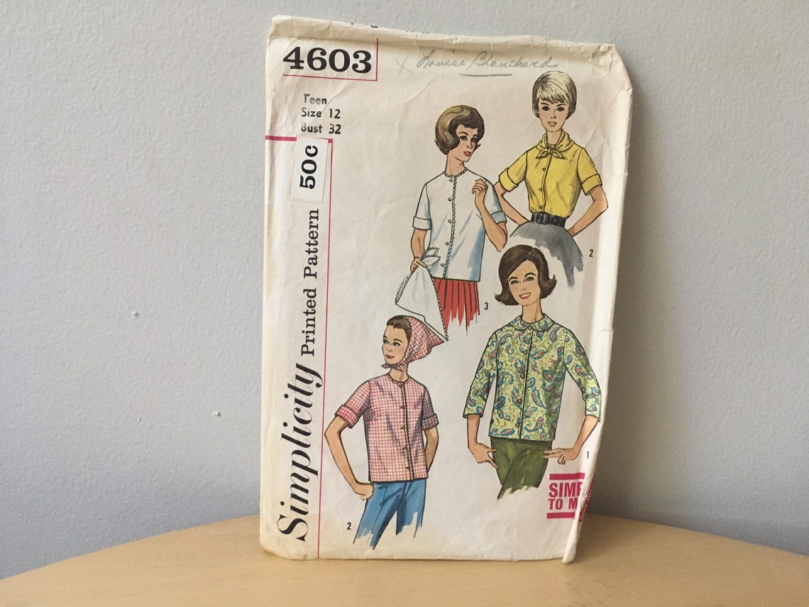 Simplicity 4603 Vintage Sewing Pattern Teens' Blouse. - Etsy