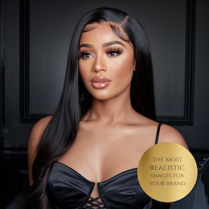 May include: A woman with long black hair wearing a black satin top. The text "THE MOST REALISTIC IMAGES FOR YOUR BRAND" is on a gold circle.