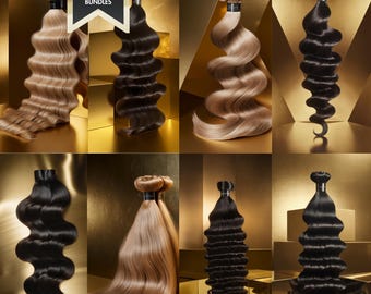Könnte beinhalten: Acht Bündel mit Echthaarverlängerungen in verschiedenen Stilen und Farben, darunter blond, braun und schwarz. Das Haar ist auf einem goldenen Hintergrund mit dem Text "28 PREMIUM LUXURY STOCK HAIR BUNDLES" angeordnet.