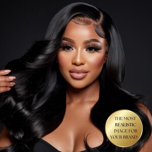 May include: A woman with long, flowing black hair and full makeup. The hair is styled with a side part and soft waves. A gold circular emblem with the text "THE MOST REALISTIC IMAGE FOR YOUR BRAND" is visible.
