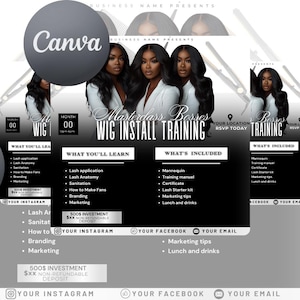 Puede incluir: Un folleto en blanco y negro que anuncia una clase de entrenamiento para la instalación de pelucas. El folleto presenta una foto de tres mujeres con cabello largo y negro. El texto en el folleto dice "Masterclass Bosses Wig Install Training".