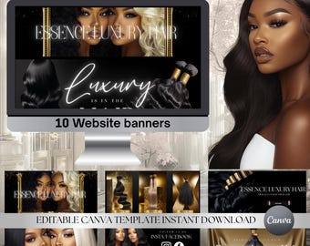 May include: Ten website banners for a hair extension business called "Essence Luxury Hair". The banners feature a black and gold color scheme with images of hair extensions and the text "Luxury is in the hair".