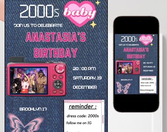Y2K Birthday Invitation Template: Girly 2000s Party (Digital Download)