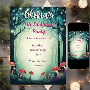 Enchanted Forest Invitation - Woodland Birthday Invitation | Kids Invite | Girls Magical Party | Mushroom Decor | Fairy Invitation Card