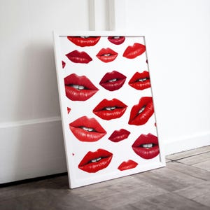 Trendy Lipstick Kisses Print – Rote Lippen Wandkunst | Moderne Liebe Wandkunst | Französischer Kuss Poster | Küsse druckbare Poster | Rotes Deko-Poster