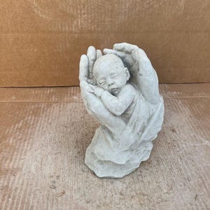 Hands with Child Stone Statue Loving Hands Small Sculpture Sleeping Newborn in Hands Figure Outdoor or Indoor Decoration Yard Ornament
