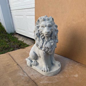 Sitting Lion Concrete Statue Lion on Base Sculpture Lion Facing Right Figure Outdoor Lion Animal Ornament Front Door Decor Massive Lion