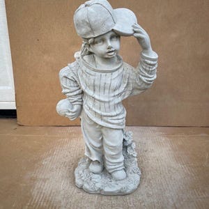 Cement Girl Sculpture Standing Girl Softball Statue Concrete Kid Figure for Lawn Outdoor or Patio Figurine Children Memorial Stone