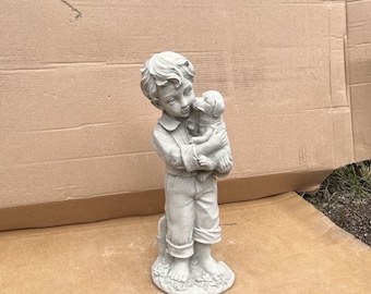 Boy with Dog Sculpture Stone Boy with Puppy Memorial Little Boy Holding Puppy Figure Standing Kid Garden Statue Outdoor Boy with Dog Figure
