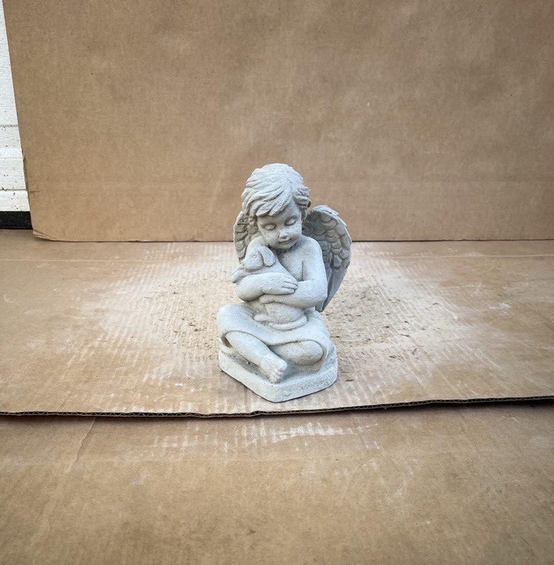 Concrete Angel With Puppy Statue Cherub Stone Memorial Pet Grave Marker ...