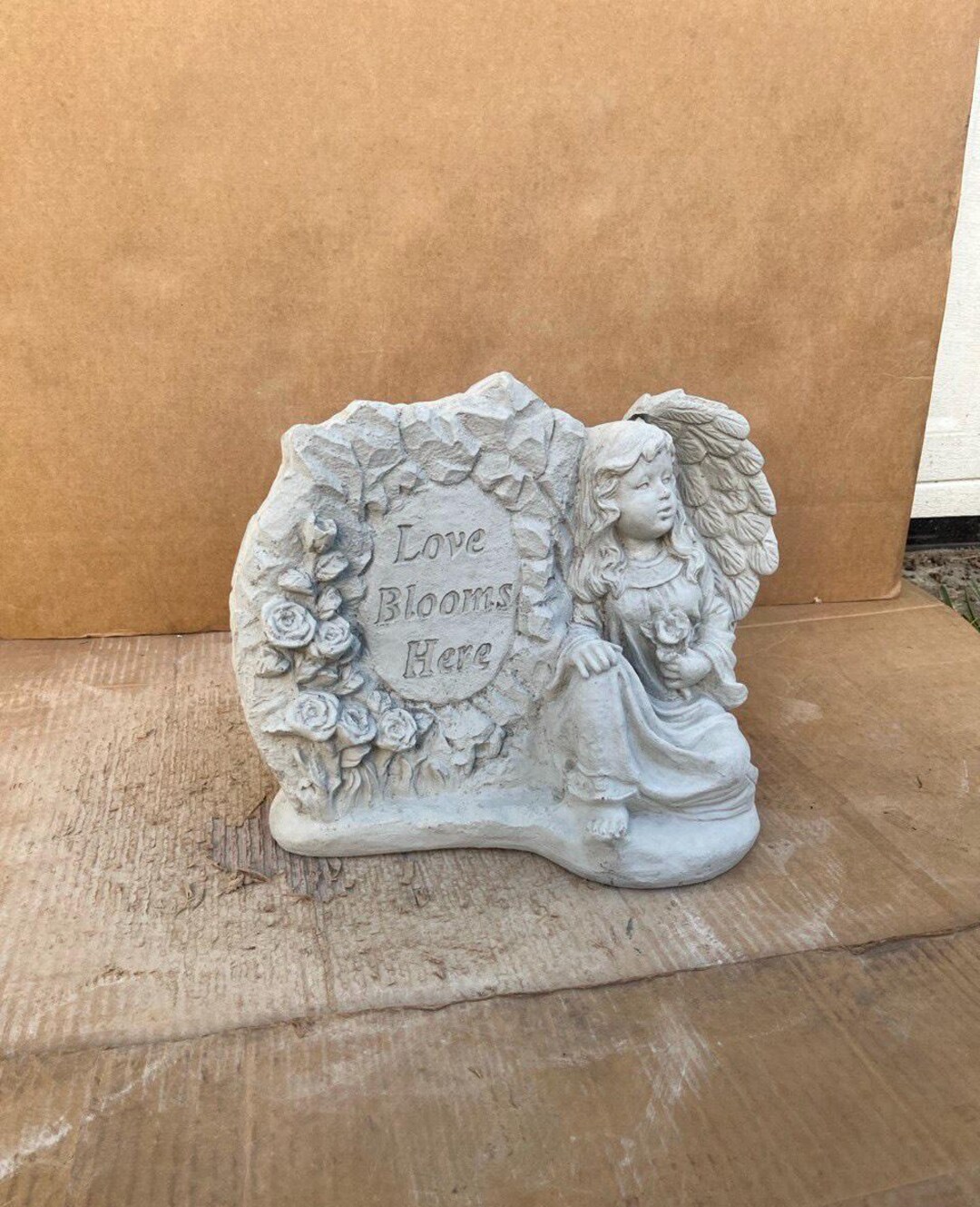 Angel Girl With Sign Sculpture Blooms Here Stone Statue Concrete Angel ...