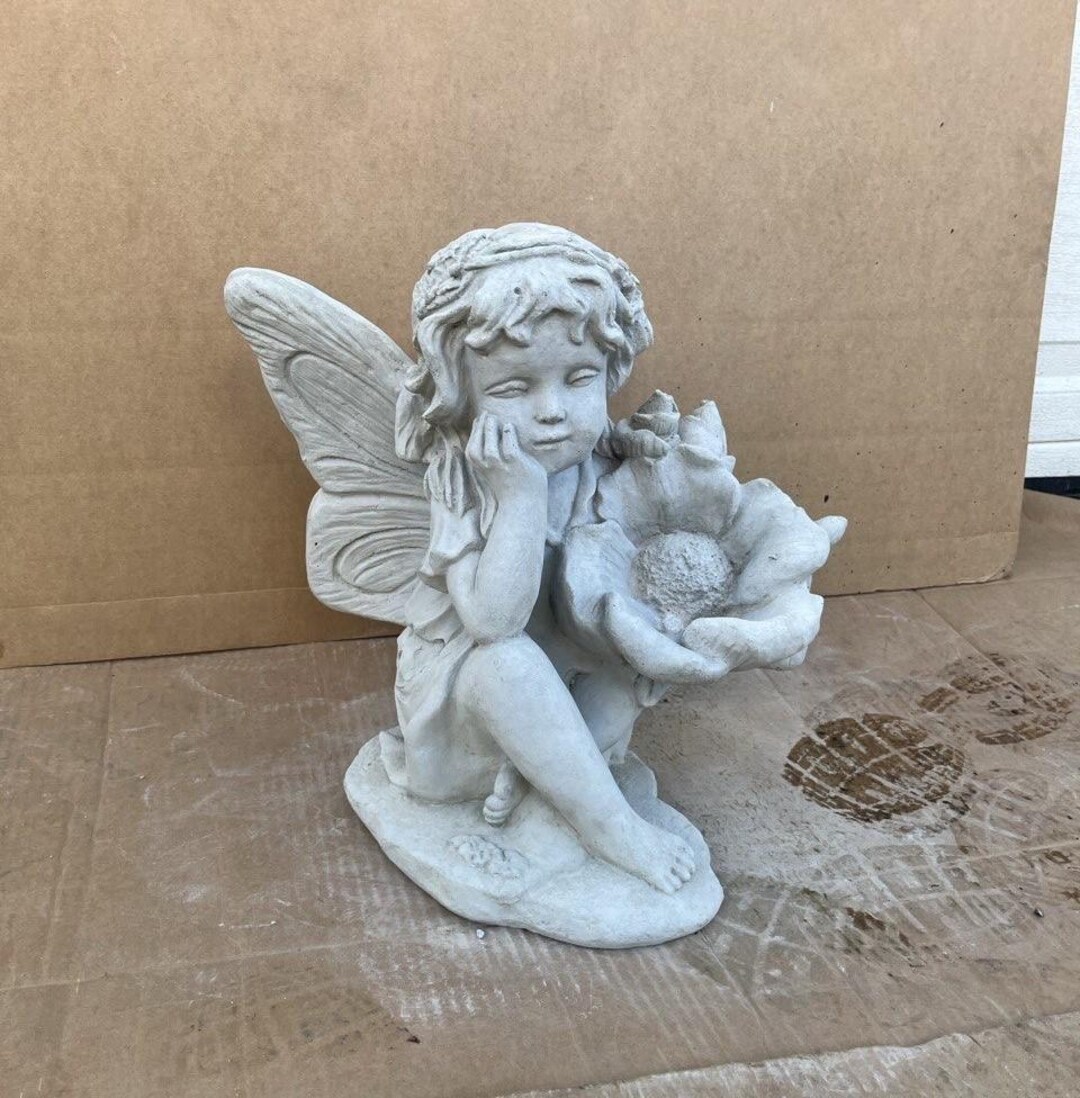 Concrete Pixie Statue Sitting Girl With Flowers Figure Stone Pixie ...
