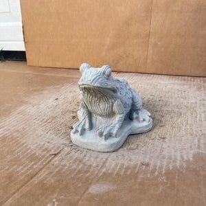 May include: A detailed, gray concrete frog statue. The frog is sitting on a small base, with textured skin and detailed features. The statue is a decorative garden ornament.