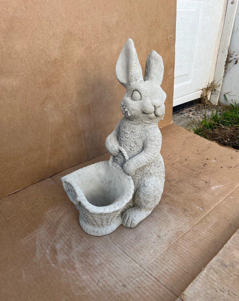 Concrete Rabbit With Planter Statue Bunny Holding Basket Sculpture