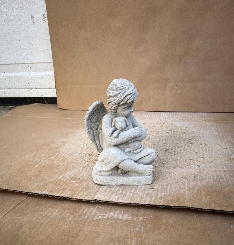 Concrete Angel With Puppy Statue Cherub Stone Memorial Pet Grave Marker ...