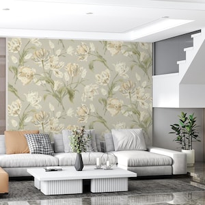 Blumentapete, Elegante Botanische Tapete, Beige und Creme Tulpen Tapete, Vintage Blumentapete, Klassische Blumentapete