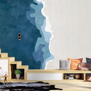 Coastal Wallpaper , Ocean Wave Wall Mural , Sea - Inspired Wallpaper , Abstract Coastal Mural , Living Room Wallpaper , Boat and Sea Mural