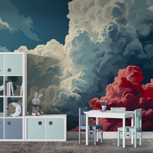 Carta da parati adesiva per camerette dei bambini con tema nuvole blu e bianche, carta da parati con cielo colorato, carta da parati con cielo, carta da parati con nuvole, regali per neonati