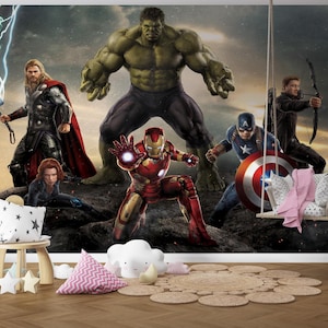 Avengers Hulk Wallpaper , Marvel Superheroes Wallpaper , Hulk Cartoon Character themed children's room wallpaper , Thor, Hulk, Iron Man