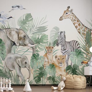 Jungle Animals Themed Kids Room Wallpaper , Safari Animals Wallpaper , Kids Room Wallpaper with Elephant, Giraffe, Lion and Tropical Leaves