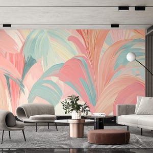 Pastel Tropical Leaf Wallpaper ,Brushstroke Inspired Wallpaper , Tropical Wall Mural , Artistic Leaf Mural , Modern Tropical Wallpaper