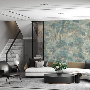 Waldbezogene Tapete, Rustikales Desing in Blau- und Grüntönen Tapete, Natur - inspiriertes Dekor, Friedliche Wohnkultur, Wohnzimmer