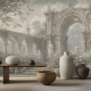 Renaissance Garden Antique Sculptures Wallpaper , Vintage Renaissance Art Wallpaper , Elegant Wallpaper , Sculpture and Flowers Wallpaper