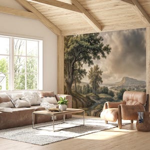 Carta da parati artistica con paesaggio disegnato a mano con tema natura e alberi, carta da parati visiva fantastica con valle e montagna in stile vintage, murale da parete
