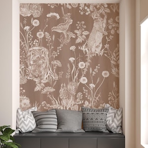Rabbit Squirrel and Flower Patterned Wallpaper , Rustic Forest Wallpaper , Animal Themed Wallpaper , Peel and Stick Wallpaper ,Floral Mural